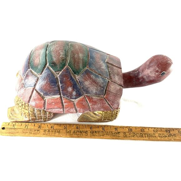 Hand-Carved Wooden Turtle Figurine 13” Painted Folk Art Animal Sculpture - Picture 3 of 7